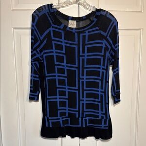EUC Elegant Rayon Julienne Blue and Black Geometric Top